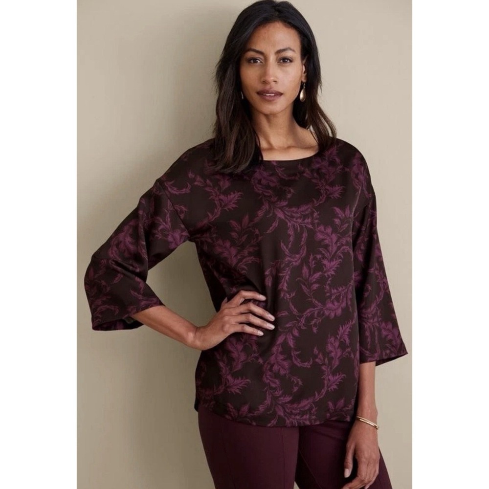 Soft Surroundings Selina Top Wine Botanical Blouse Satin Petite Small New $99
